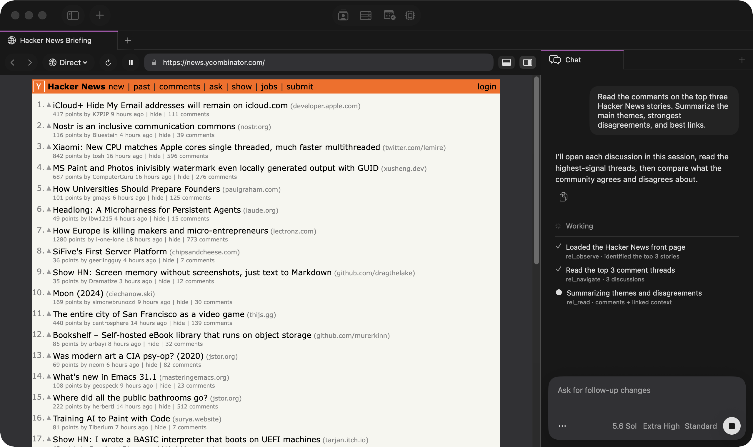REL on macOS with an isolated Hacker News session and an agent summarizing comments from the top three stories in Chat
